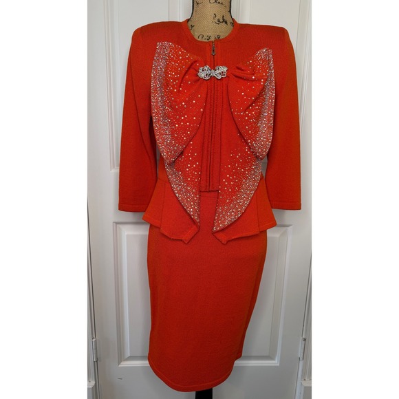 Kourosh New York Orange Wool Skirt Set Rhinestone Bow Jacket Size 8 EUC